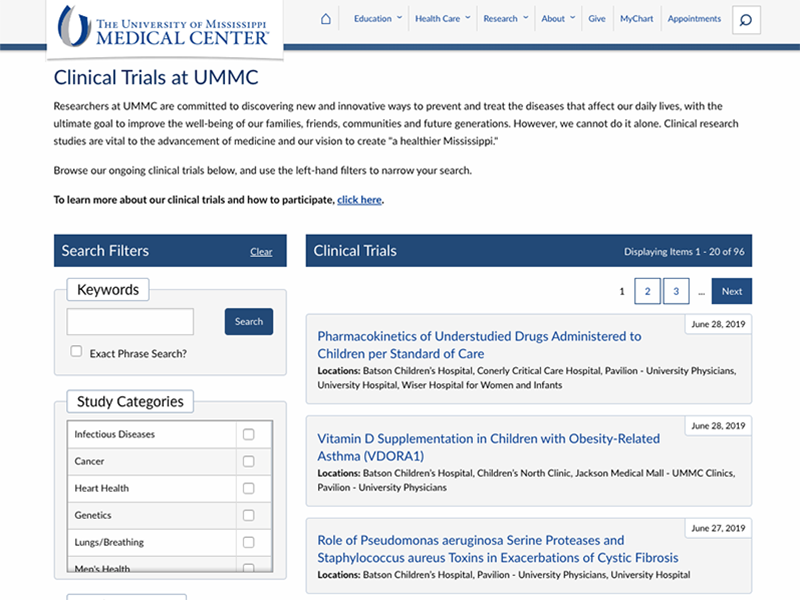 UMMC Find-a-Trial screen shot